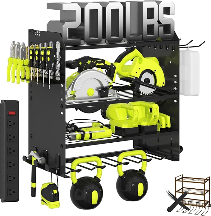 4 Layer Heavy Duty Power Tool Organizer Wall Mount with Charging Station, Adjustable Metal Storage Rack, 6 Outlets Strip, Drill Holders, Hooks & Drill Bit Rack for Garage, Workshop, Black