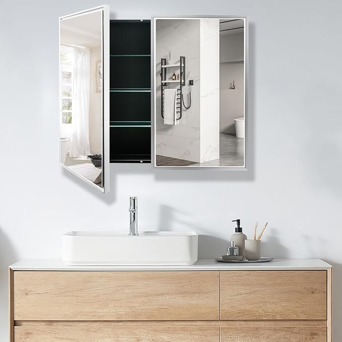 Medicine Cabinet with Aluminum Framed Mirror,36"x32" Surface Mount or Recessed Mount Bathroom Vanity Mirror,Single Door Bathroom Mirror with Storage Cabinet