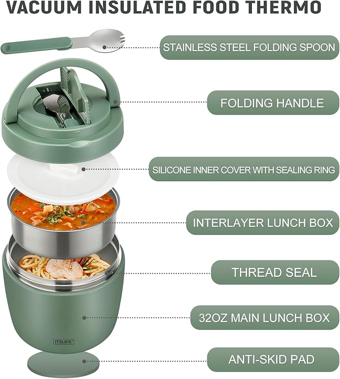 Soup Thermo for Hot Food Insulated Food Jar 32oz, Vacuum Insulated Stainless Steel Lunch Container - Wide Mouth Thermo for Soup & Food, Insulated lunch box Leakproof Bento Box with Spoon (Green)
