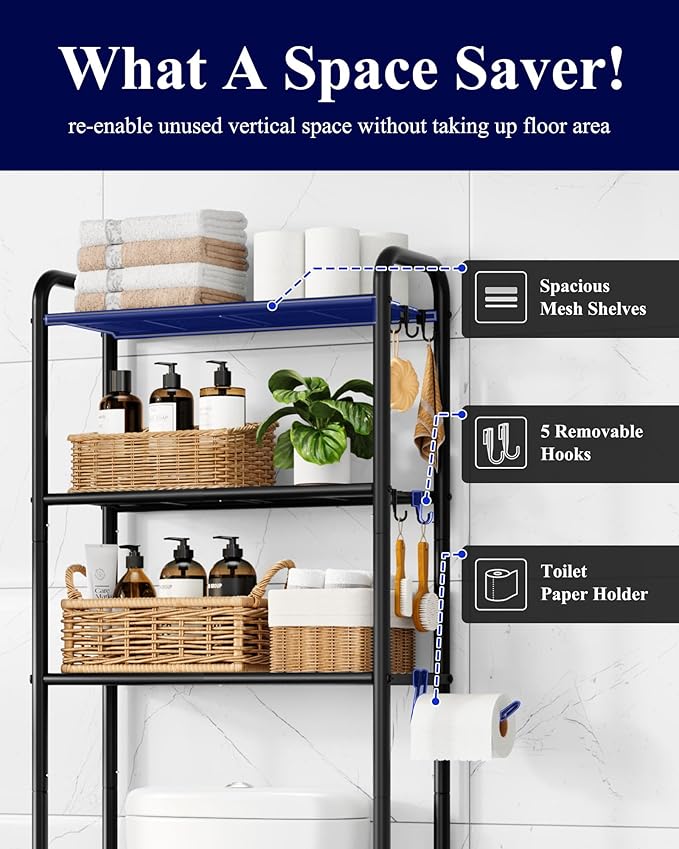 Kitsure Over Toilet Storage Rack - Metal Over Toilet Bathroom Organizer Shelf, Over the Toilet Storage Cabinet with Paper Holder and Hooks, Bathroom Cabinet for Laundry, Black, 3 Tiers (63.2" H)