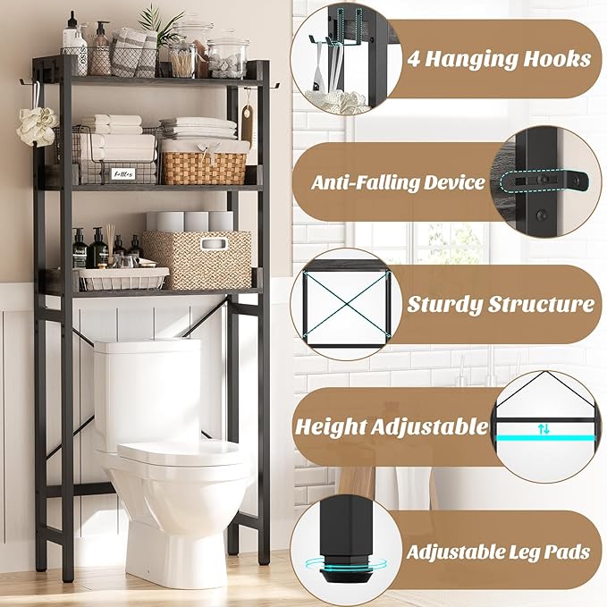 Ecoprsio Over-The-Toilet Storage Rack, 3-Tier Bathroom Organizer Shelf Over Toilet, Freestanding Space Saver Toilet Stands with 4 Hooks, Grey