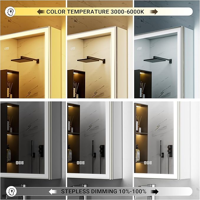 36x30 Lighted Medicine Cabinet with Mirror, Beveled Brushed Nickel Framed Surface or Recessed Fogless Dimmable LED Medicine Cabinet with Lights, Outlet, Time Display and Sensor Inner Light