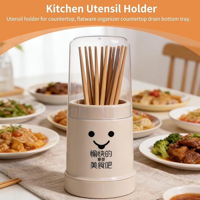 Cyrank Kitchen Utensil Holder, Chopsticks Holder Drying Rack with Lid and Removable Base Silverware Caddy Flatware Drying Rack Holder Utensil Caddy Cutlery Rack Cutlery Storage Organizer(Beige)