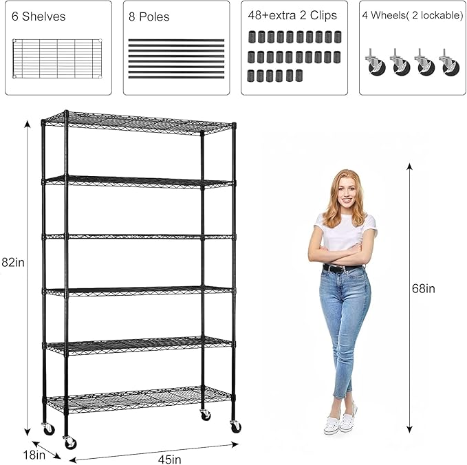 6-Tier Storage Shelves 45" x 18" x 82" Heavy Duty Metal Shelving Unit 2100Lb Capacity Adjustable Storage Racks with Wheels NSF Garage Wire Shelf for Basement Commercial, Black