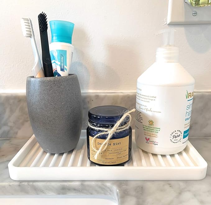 Happitasa Silicone Kitchen Sink Organizer Tray, Sponge Holder and Countertop Protector | Bathroom and Kitchen Soap Dish and Dispenser Tray (White, 10"x5.25")