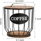 yarlung Coffee Pod Holder with Lid, Large Capacity K Cup Holder with Rustic Wooden Base, Black Wire Coffee Storage Basket for Kitchen Countertop, Cafe Bar Organizer