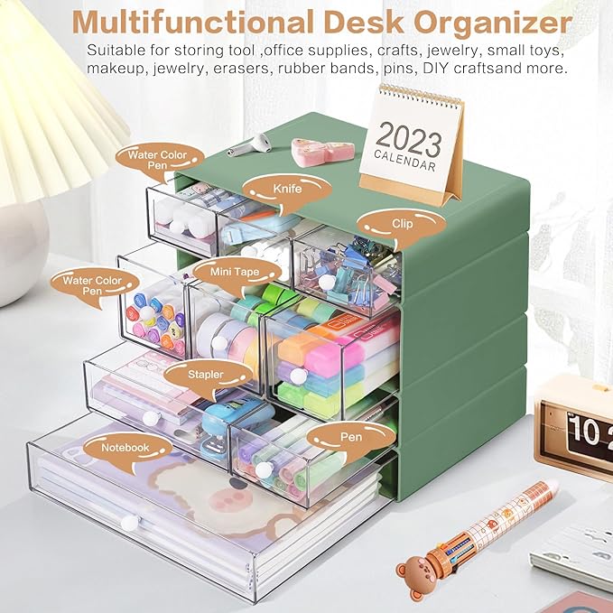 Desk Storage Organizer with 9 Drawers, 4 Tiers Stackable Desktop Craft Storage Drawers, Clear Storage Box Caddy for Stationary Makeup Jewelry Office Craft Supplies (Green)