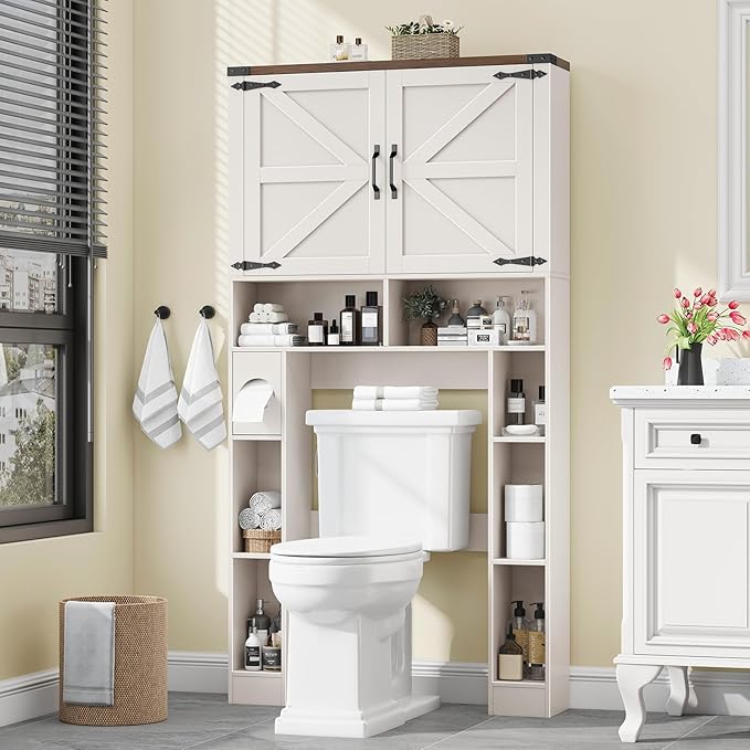 Vabches Over The Toilet Storage Cabinet, Farmhouse Storage Cabinet Over Toilet with 2 Barn Doors ，Toilet Paper Holder Stand，Home Space-Saving Toilet Rack, for Laundry, Restroom, Bathroom