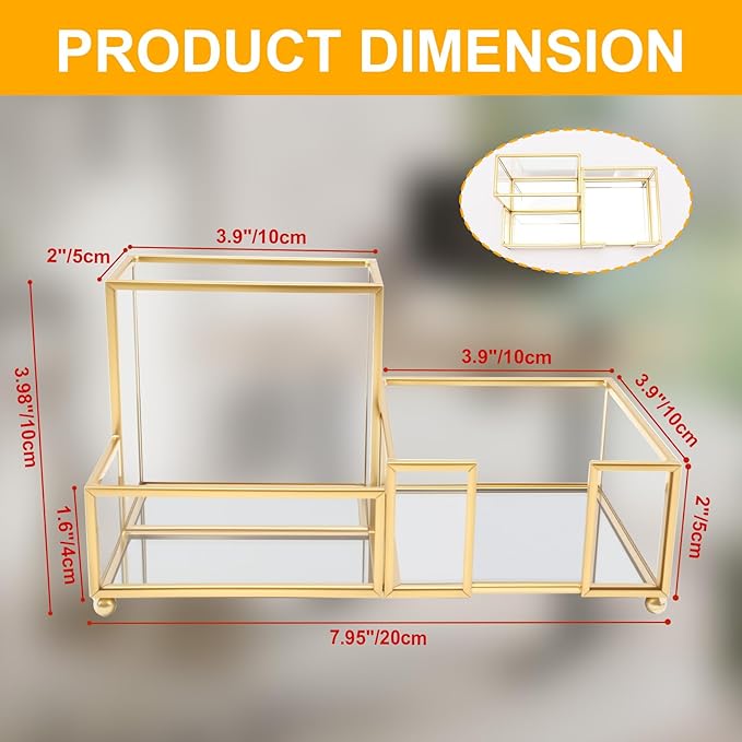 Desk Organizer with 3-Compartments,Glass Small Desk Organizer for Pens Pencils Business Cards Sticky Notes Paper Clips,Gold Stylish Pen Holder for Desk Home Office Decor