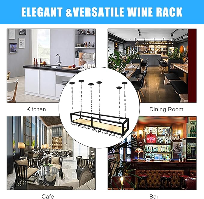 Ceiling Wine Glass Rack - Hanging Wine Rack with Glass Holder and Shelf, Height Adjustable Industrial Hanging Wine Bottle Holder, Black Metal Ceiling Shelf for Bar Cafe Kitchen (55.1×9.8×8.6in)