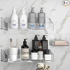 Acrylic Shower Shelves 3 Pack, Clear Adhesive Shower Organizer - No-Drill Wall Mount Storage Rack, Versatile Caddy for Bathroom & Kitchen (Transparent)