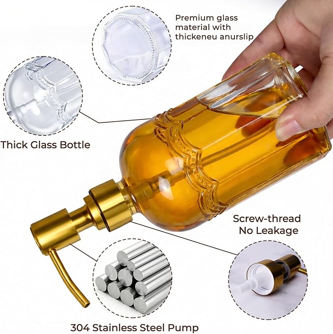 Coffee Syrup Dispenser Set of 2, 13.5 oz (400ml) Glass Bottles with Antique Bronze Stainless Steel Pump, Coffee Bar Syrup Pump Dispensers with Funnel, Cleaning Tools & Tags