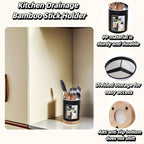 BUBBLE-FLY Modern Kitchen Utensil Holder with Drainage, Black and Wood Base, 3 Compartment Divided Organizer for Spoons Forks Knives, Countertop Caddy for Cooking Tools and Cutlery Storage- Non-Slip
