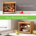 Bamboo Bread Box for Kitchen Countertop, Double Layer Kitchen Counter Organizers and Storage for Fruits, Tea, Spices, Coffee, Vintage Bread Bin Container with Cutting Board, Natural