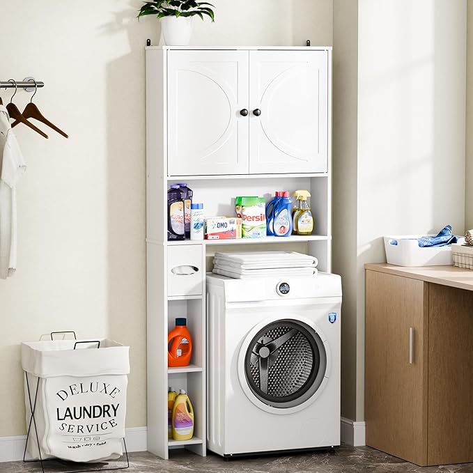 Over The Toilet Storage Cabinet, 65" Tall Bathroom Space Saver with 2 Doors & 2 Adjustable Shelves, Freestanding Organizer Toilet Cabinet for Bathroom, Laundry Room, Modern White Storage Unit