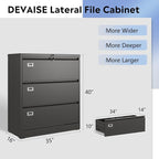 DEVAISE 3 Drawer File Cabinet, Metal Lateral Filing Cabinet with Lock for Letter/Legal/F4/A4 Size, Wide Organization Storage Cabinet for Home Office School (Black, Assembly Required)