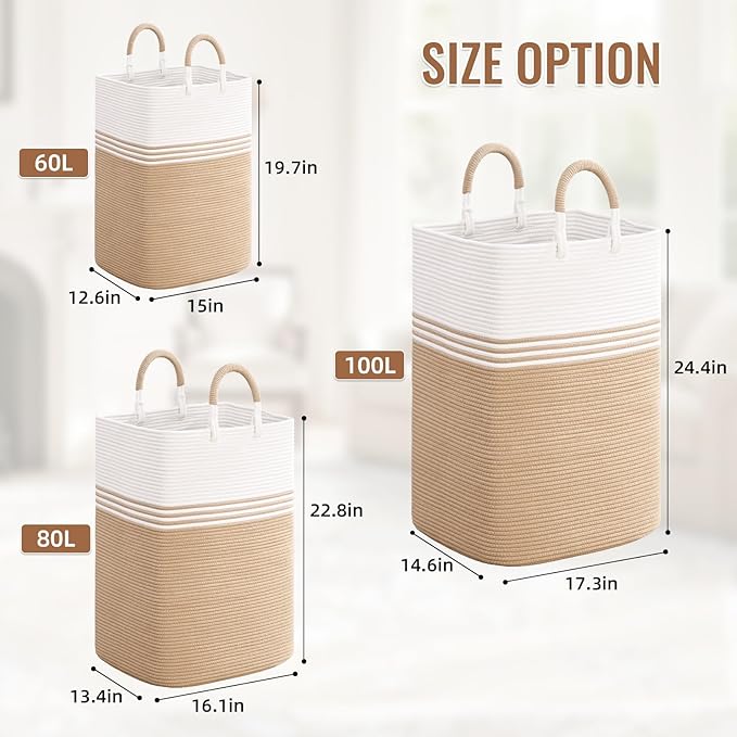 Laundry Basket Hamper,Blanket Storage,Dirty Clothes Hamper with Swivel Handles,Woven Cotton Rope Toy Baskets,Blanket Basket Living Room,Decorative Hampers for Nursery,Bedroom,White & Brown,80L