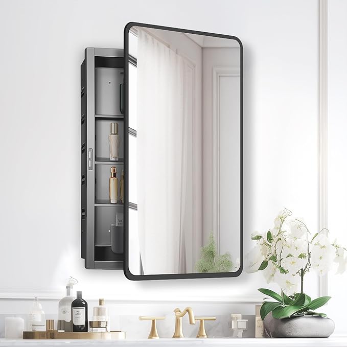 Bathroom Medicine Cabinet with Mirror, 17x27 inch Metal Black Recessed Medicine Cabinet with 3 Adjustable Metal Shelves, Rounded Rectangle Storage Cabinet
