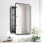 Bathroom Medicine Cabinet with Mirror, 17x27 inch Metal Black Recessed Medicine Cabinet with 3 Adjustable Metal Shelves, Rounded Rectangle Storage Cabinet
