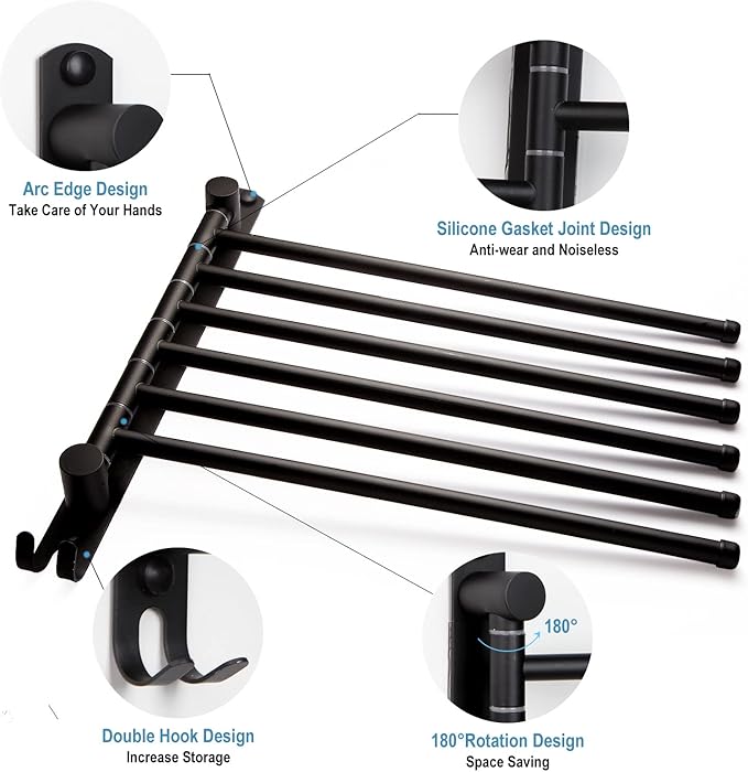 Matte Black 6 - Arm Stainless Steel Swivel Towel Rack with Hook: Wall - Mounted, Rustproof Space - Saver for Bathroom & Kitchen - 180° Rotation, 14kg Capacity