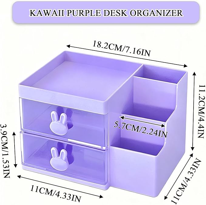 2 Drawer Storage Organizer Small Plastic Drawer Kawaii Purple Desk Organizer Drawer for Bathroom, Dorm, Desk, Office