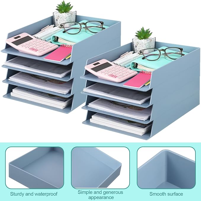 TecUnite 8 Pieces Stackable Letter Trays Blue Rectangular Stackable Office Letter Size Plastic Organizer Desk Tray for Desk Plastic Stacking Support for File Storage Office Classroom