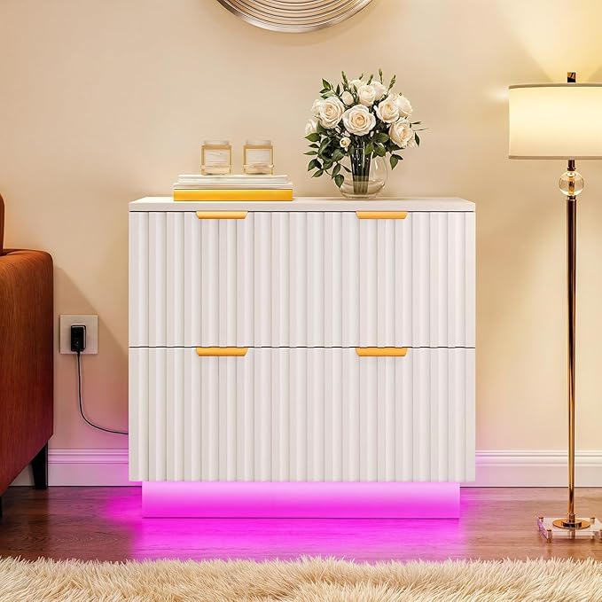 YITAHOME 2 Drawer File Cabinet with Led Light, Modern Filing Cabinet, Large Lateral File Cabinet for Home Office, White