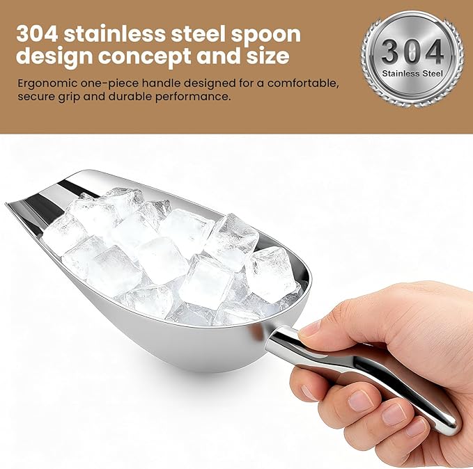 12 Oz 304 Stainless Steel Ice Scoop for Freezer & Ice Machine – Heavy Duty Metal Scooper, Dishwasher Safe, Multi-Purpose for Kitchen, Bar, Party, Wedding (Ice, Flour, Dry Goods)