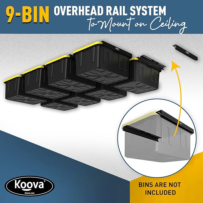 Koova Heavy-Duty Overhead Garage Storage Rack for 9 Bins. Adjustable Width, 360lb Capacity. DIY Safe Mount, Easy Install. Fits 27-Gallon Totes. USA Made Pro-Grade Steel. Space Saving Organizer