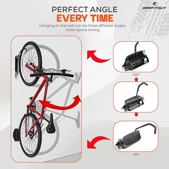 Foldable Bike Rack 1-Pack, Space Saving Vertical Bike Wall Mount with Adjustable 150° Rotating Hanger, Easy Garage, Indoor, or Shed Installation