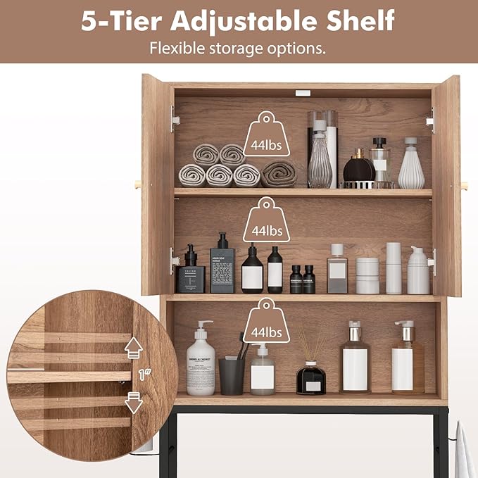 Tangkula Over The Toilet Storage Cabinet, Bathroom Space Saver Organizer with 2 Doors, Metal Stand, 2 Side Hooks, Freestanding Above Toilet Storage Cabinet for Restroom Laundry (Natural)