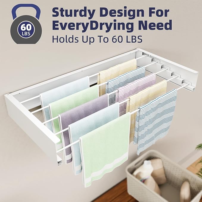 Foldable Wall Mounted Laundry Drying Rack, 31.5 Inch Wide Space-Saving Clothes Drying Rack with 5 Aluminum Rods, 13.2 Linear Feet Drying Space, 60 lb Capacity,（ White）