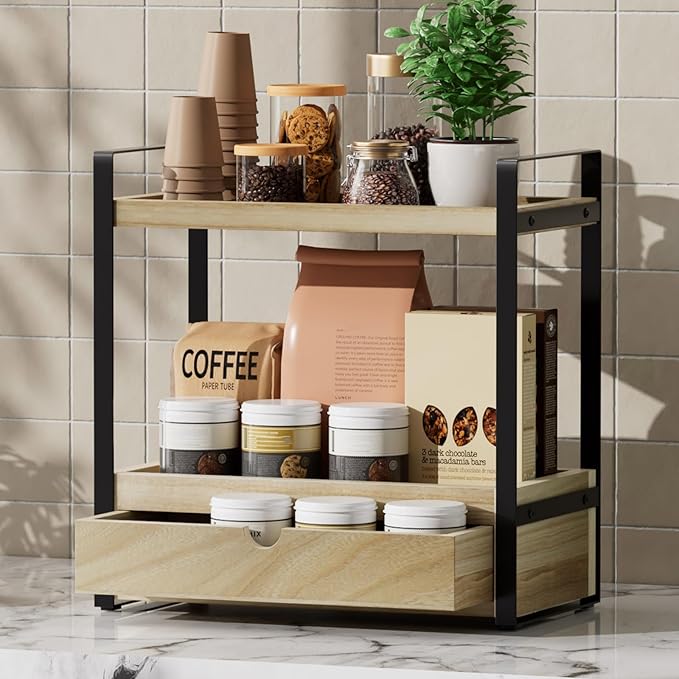 2-Tier Bathroom Organizer Countertop with Drawer, Wood Bathroom Counter Shelf for Storage, Vanity Organizer Countertop for Kitchen, Office