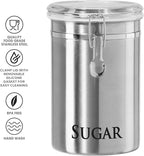Oggi Stainless Steel Sugar Canister 62 fl oz - Airtight Clamp Lid, Clear See-Thru Top - Ideal Sugar Container for Countertop, Sugar Jar, Bulk Sugar Storage. Large Size 5" x 7.5".