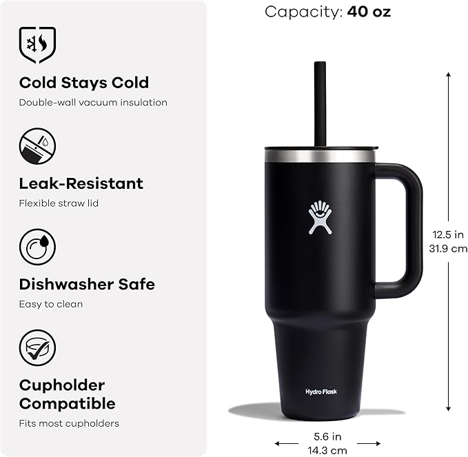 Hydro Flask Travel Tumbler with Handle, Lid and Straw - Insulated Stainless Steel in 40 Oz Beachplum Purple
