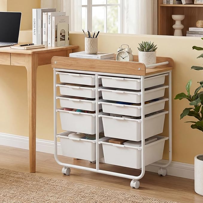 GOFLAME 10-Drawer Rolling Storage Cart, Craft Storage Cart with Wooden Tabletop, Lockable Wheels and Handles, Art Cart Supply Storage Organizer with Metal Frame for Home Office Classroom, White