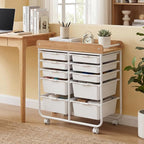 GOFLAME 10-Drawer Rolling Storage Cart, Craft Storage Cart with Wooden Tabletop, Lockable Wheels and Handles, Art Cart Supply Storage Organizer with Metal Frame for Home Office Classroom, White