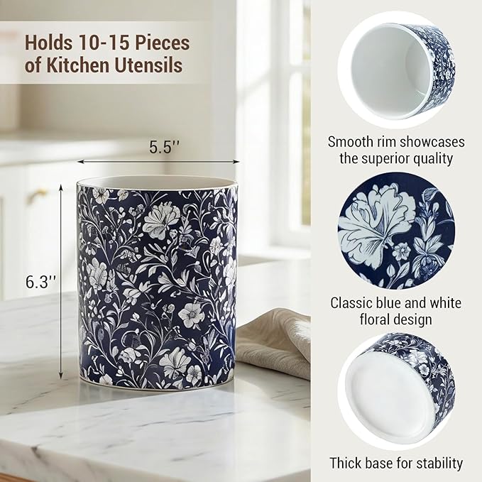 MyGift Ceramic Kitchen Utensil Holder with Blue and White Floral Design – Decorative Crock for Cooking Utensils, Flatware, and Countertop Storage