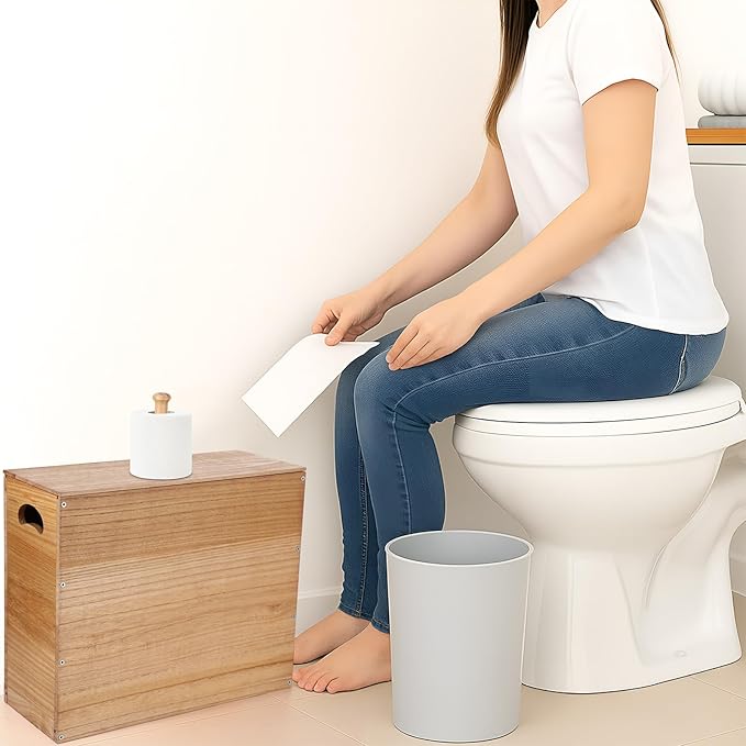 Bokon 32L Wooden Toilet Paper Holder with Lid and Handle, Waterproof and Mildew-Proof- Mega Capacity, Toilet Papers Organizer for Bathroom Standing for 9-12 Rolls Bathroom Accessories(Natural)