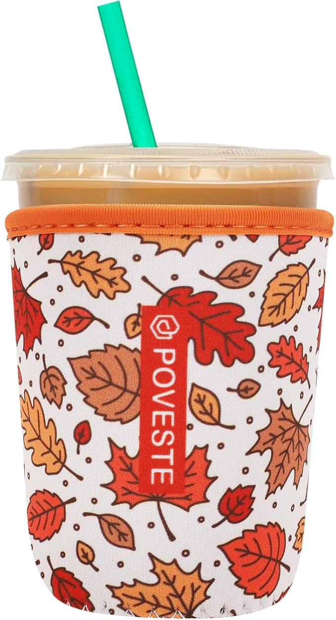 Reusable Neoprene Insulator Sleeve for Iced Coffee & Cold Soda, Coffee Sleeves for Iced & Hot Drinks, Cold Beverage Cooler Compatible with Starbucks, Dunkin (Fall Leave, Small: 16-18oz)