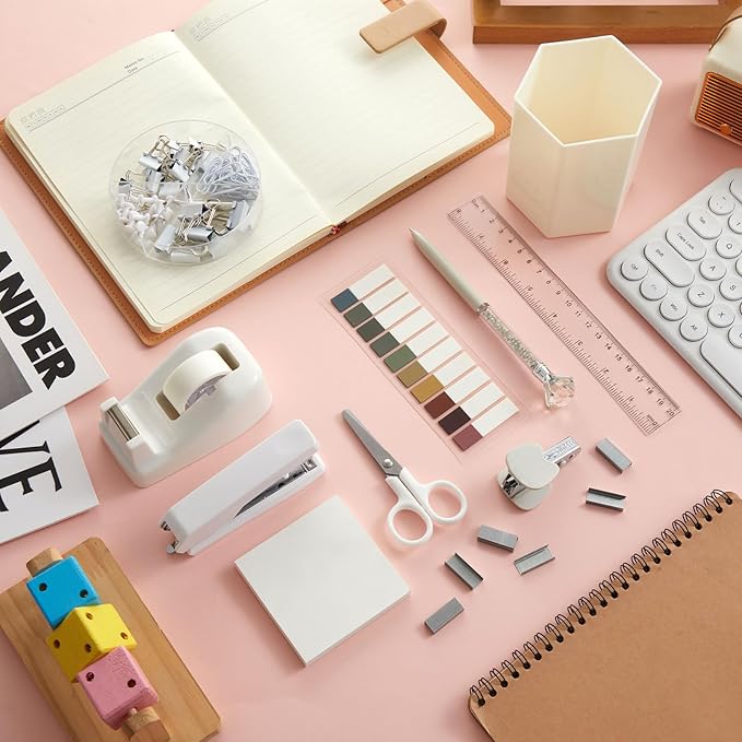 Marspark 12 Pcs Beige Office Supplies Desk Accessories Set Pen Holder Tape Dispenser Stapler Staple Remover Staples Tape Ruler Scissor Pen Sticky Note Index Tab Clips Set for School Office Home