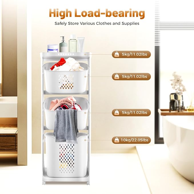 Laundry Basket Holder, 3-Tier Laundry Hamper Sorter with Wheels, Rolling Laundry Hamper Cart for Kitchens, Bathrooms, Bedrooms