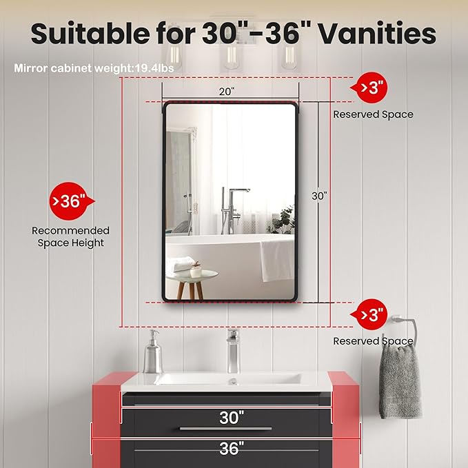 Bathroom Medicine Cabinet with Mirror, 20x30 inch Metal Black Recessed Medicine Cabinet with 3 Adjustable Metal Shelves, Rounded Rectangle Storage Cabinet