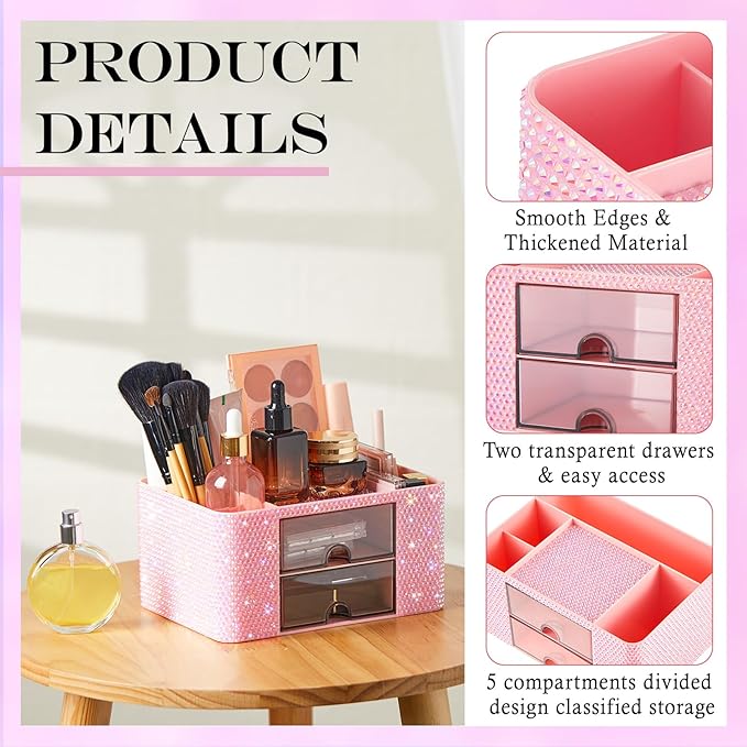 Pink Bling Desk Organizer with 2 Drawer, Sparkly Makeup Organizer for Vanity, Girly Desk Accessories, Rhinestone Pen Holder, Elevate Your Workspace with Pink Serenity (Diamond)