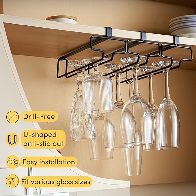 LINFIDITE Wine Glass Holder 2PCS Stemware Rack Hanger Under Cabinet Wine Glass Rack Kitchen Hanging Storage Rack Organizer,Black (For Partition Thickness under 0.98")