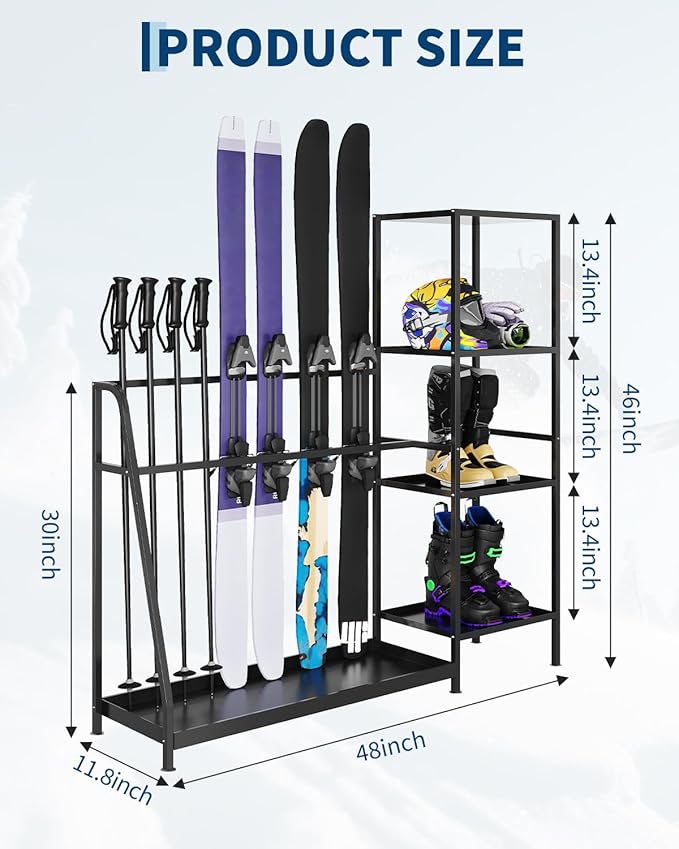 Ski Storage Rack, 48" x 12" x 46", Heavy Duty Freestanding Steel Ski Organizer for 4-Pair Skis, Snowboard, Boots, Poles, Helmet & Goggles, Floor Stand Skis Holder for Garage, Basement & Mudroom