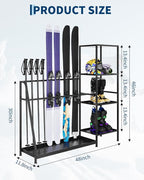 Ski Storage Rack, 48" x 12" x 46", Heavy Duty Freestanding Steel Ski Organizer for 4-Pair Skis, Snowboard, Boots, Poles, Helmet & Goggles, Floor Stand Skis Holder for Garage, Basement & Mudroom