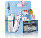 Comix Desk Organizer with 2 Drawer, Multifunctional Pen Holder for Desk, Desktop Organizer with Pegboard + Drawer + 5 Slots Pencil Holder for Office Home Art Supplies (Blue)