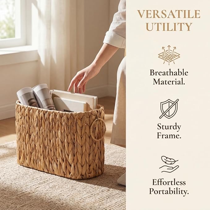 Toilet Paper Storage, Handwoven Toilet Paper Baskets with Handle for 9 Standard Rolls, Large Water Hyacinth Magazine Holder Narrow Wicker Trash Can for Bathroom Accessories
