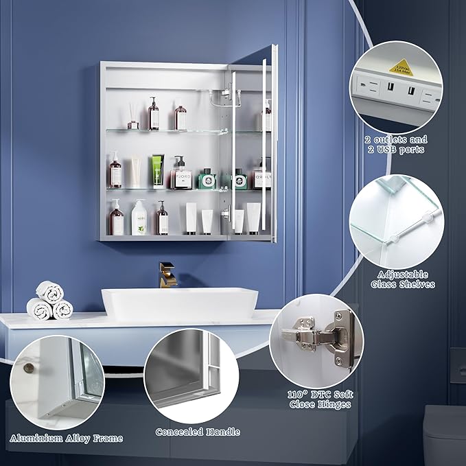 ExBrite LED Lighted Bathroom Medicine Cabinet with Mirror, 20 x 26 Inch, Recessed or Surface Mount, Anti-Fog, Stepless Dimming, Color Temperature Adjustment, 2 Outlets, Storage Shelves, Right Hinge